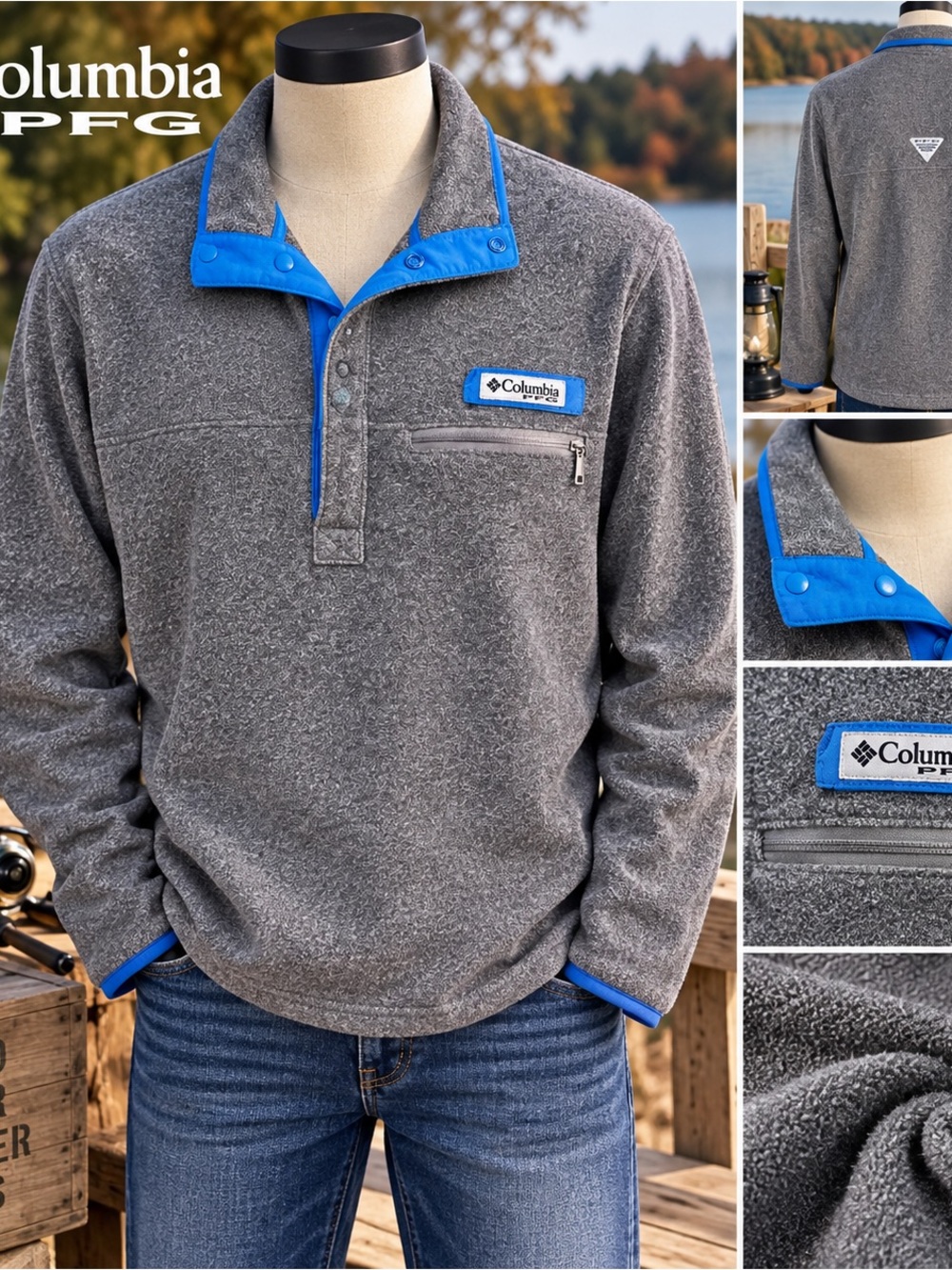 Columbia PFG Men’s Large Gray Fleece Pullover Blue Trim Snap Neck Fishing
